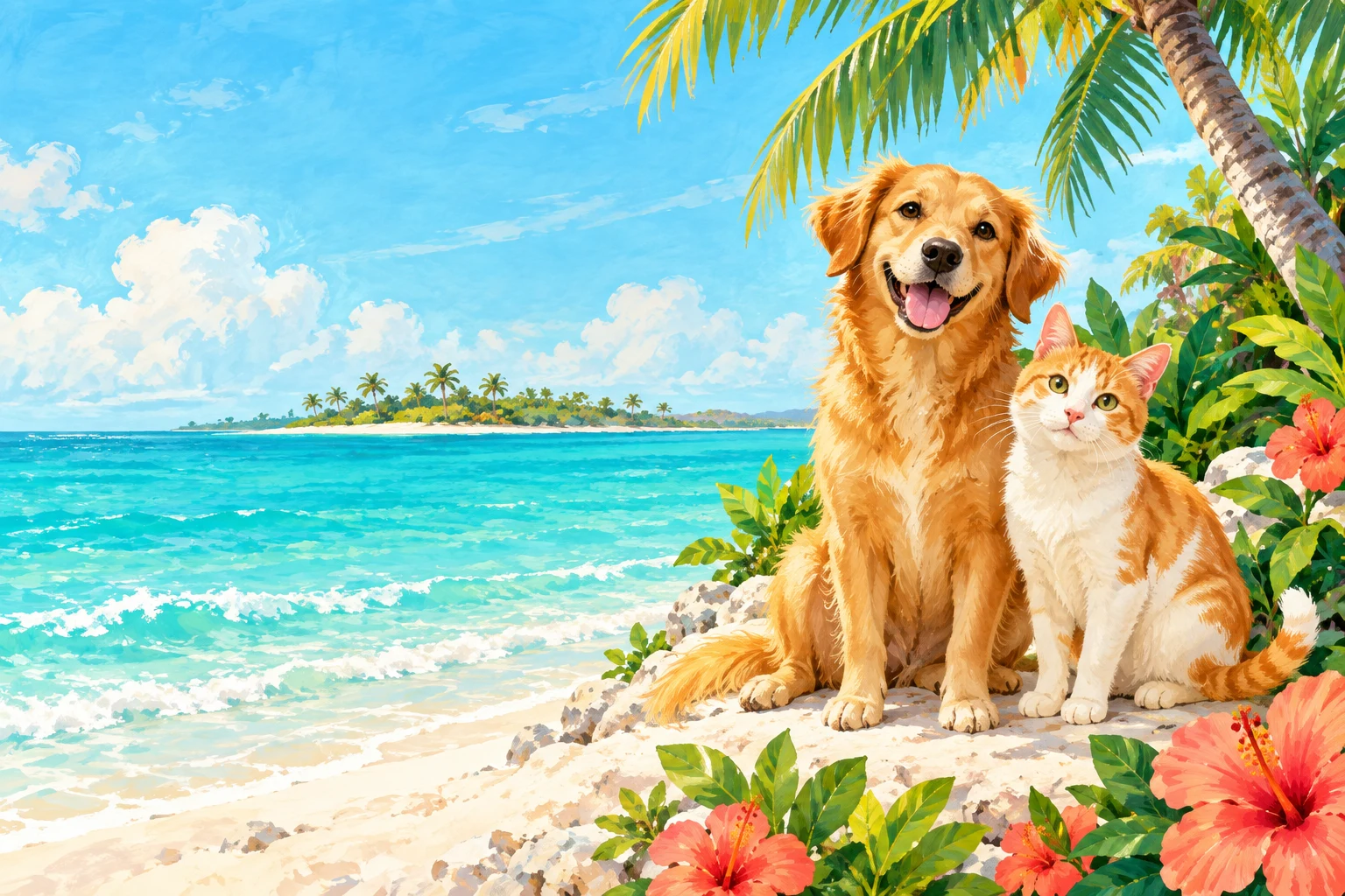 Illustrated pets on a tropical shore